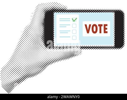 Collage demi-ton tenant la main smartphone avec bouton de vote sur l'écran. Vote en ligne et concept d'élection. Illustration vectorielle Illustration de Vecteur