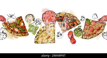 Illustration à l'encre aquarelle dessinée à la main. Tranches de pizza et ingrédients de garniture, cuisine italienne. Bordure sans couture isolée sur blanc. Concevoir pour Banque D'Images