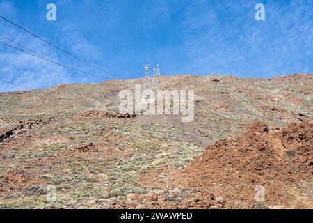 Les pylônes du téléphérique du Teide montent jusqu'au volcan Banque D'Images