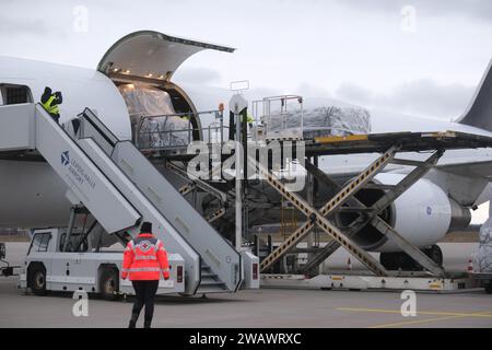 Schkeuditz, Allemagne. 07 janvier 2024. Les secours sont chargés à l'aéroport de Leipzig-Halle. Un avion décollera de là dimanche pour Al-Arish en Egypte. La Croix-Rouge allemande transporte 33 tonnes de fournitures de secours pour la population civile de la bande de Gaza. Crédit : Sebastian Willnow/dpa/Alamy Live News Banque D'Images