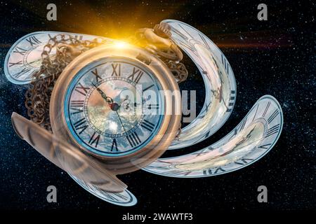 Concept scifi de l'univers de l'espace-temps, distorsion temporelle de l'horloge de torsion dans l'espace plié incurvé pour l'espace et les temps de la théorie, élément d'image de la NASA Banque D'Images