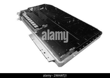 Module de batterie de magasin de voiture EV isolé sur blanc. Système d'alimentation de véhicule électrique de haute énergie de sécurité pour les voitures électriques modernes. Banque D'Images