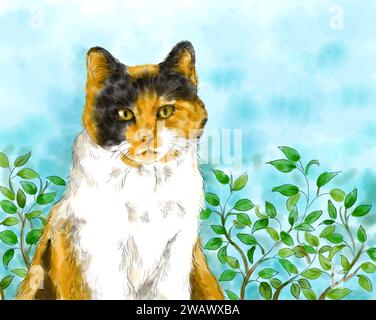 Portrait d'un mignon chat adorable Calico assis dans le fond de la nature extérieure. Peinture à l'aquarelle artistique dessinée à la main. Concept d'animal de compagnie. Banque D'Images