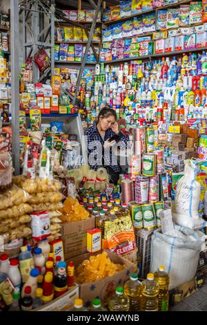 Femme entourée de nombreux produits dans son étal, consommation, étal du marché à Osh bazar, Bichkek, Kirghizistan Banque D'Images