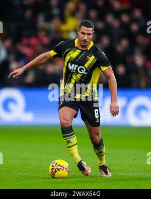 Jake Livermore de Watford en action lors du match du troisième tour de la coupe FA Emirates à Vicarage Road, Watford. Date de la photo : samedi 6 janvier 2024. Banque D'Images