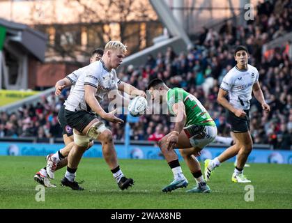 Saracens Hugh Tizzard en action lors des Leicester Tigers vs Saracens, Mattioli Woods, Welford Road Stadium, Leicester UK le samedi 6 janvier 2023. Photo de Gary Mitchell Banque D'Images