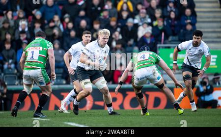 Saracens Hugh Tizzard en action lors des Leicester Tigers vs Saracens, Mattioli Woods, Welford Road Stadium, Leicester UK le samedi 6 janvier 2023. Photo de Gary Mitchell Banque D'Images