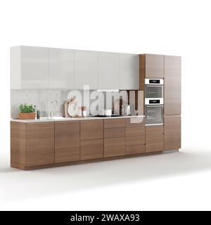 Un rendu 3D d'un design de cuisine moderne sur fond blanc Banque D'Images