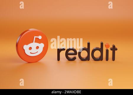 Buenos Aires, Argentine - 29 décembre 2023 : icône logo Reddit isolée sur fond orange. illustration 3d. Banque D'Images