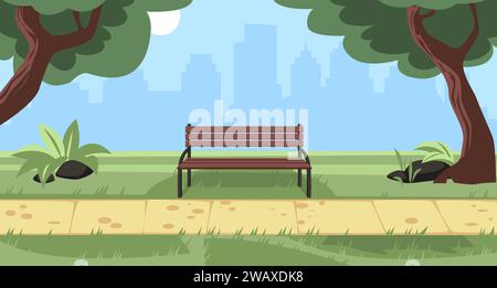 Banc vide dans le parc de la ville. Mobilier en bois et osier. Paysage d'été avec vue sur la ville. Lieu pour la marche et les loisirs. Lieu public avec vert Illustration de Vecteur
