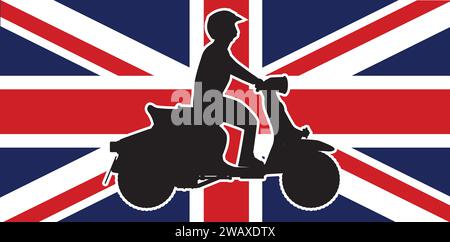 Un scooter de moteur typique de style 1960 avec cavalier de silhouette sur un drapeau de l'Union du Royaume-Uni Illustration de Vecteur