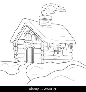 Une petite maison en bois d'hiver avec un toit couvert de neige et de la fumée d'une image linéaire vectorielle de cheminée pour la coloration. Contour. Noir et blanc. Coloriage pour art-thérapie. Illustration vectorielle Illustration de Vecteur