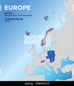 Europe, autre organisation économique internationale, AELE et groupe de Visegrad, carte et drapeaux, illustration vectorielle Illustration de Vecteur