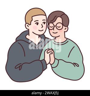 Mignon jeune couple gay amoureux, deux garçons se tenant la main. Dessin de dessin animé simple, illustration vectorielle. Illustration de Vecteur