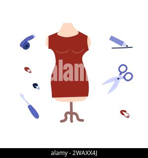 outils de couture et mannequin - concept de couture. Illustration vectorielle sur fond blanc. Peut être utilisé pour atelier, fond textile. Illustration de Vecteur