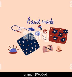 Ensemble dessiné à la main de travaux d'aiguille artisanaux - outils de couture. Illustration vectorielle sur fond de pêche. concept de couture fait à la main avec aiguille, fil, dé à coudre, épingle. Illustration de Vecteur