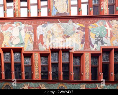 Cette fresque dans le patio du Rathaus à Bâle représente principalement l'unification des cantons. Banque D'Images