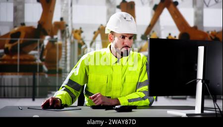 Ingénieur utilisant le PC dans la chaîne d'assemblage automatisée d'usine de voiture Banque D'Images