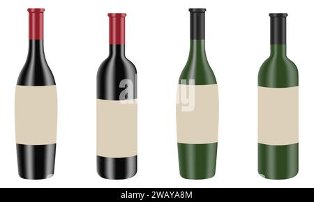 Ensemble de bouteilles de vin rouge et blanc réalistes avec des étiquettes vierges isolées sur fond blanc. Elément pour aliments et boissons Illustration de Vecteur