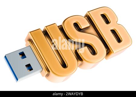 Clé USB, dorée. Rendu 3D isolé sur fond blanc Banque D'Images