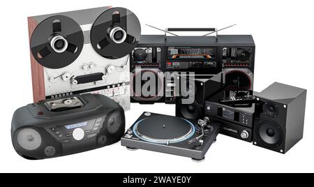 Magnétophone à bobine vintage, boombox, platine phonographe et système stéréo moderne. Evolution de l'appareil musical, concept. Rendu 3D isola Banque D'Images