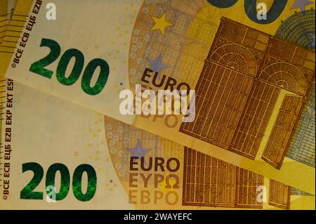 Euro monnaie billets et espèces .200 euro. Gros plan. Banque D'Images