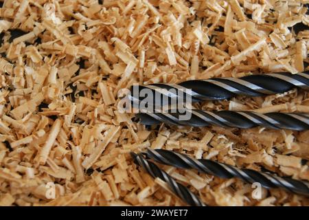 Quatre nouveaux forets dans des copeaux de bois dans un atelier de menuisier Banque D'Images