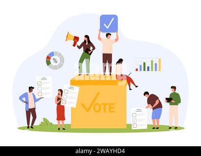 Campagne électorale, confirmation du choix par référendum. Les électeurs minuscules mettent des bulletins de vote en papier avec des coches dans la boîte de vote, les gens sélectionnent pour le candidat à partir de la liste ou de l'illustration vectorielle de dessin animé d'idée approuvée Illustration de Vecteur