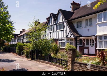 Royaume-Uni, Angleterre, Londres, Ealing, maisons caractéristiques Mock-Tudor le long de Princes Gardens Banque D'Images