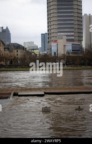 Allemagne - Hessen - Francfort-sur-le-main - 07.01.2024 / Impressionen aus Frankfurt am main / Hochwasser Schild Betreten auf eigene Gefahr steht unter Wasser Impressionen aus Frankfurt am main *** Allemagne Hesse Frankfurt am main 07 01 2024 impressions de Frankfurt am main panneau inondation Entrez à vos propres risques est sous l'eau impressions de Frankfurt am main Banque D'Images