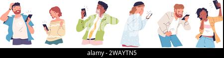 Les gens choqués regardent le téléphone. Homme étonné et femme effrayée regardant le message de peur de smartphone ou de mauvaises nouvelles, les personnages effrayés frustrés avec l'illustration vectorielle classe de téléphone portable des gens d'émotion Illustration de Vecteur