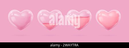 coeurs en verre 3d. Réflexion de coeur brillant avec le liquide d'eau, bulles transparentes de hart clair symbole d'amour romantique objet en plastique de forme cristalline, illustration vectorielle réaliste nowaday de coeur de verre 3d. Illustration de Vecteur