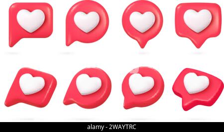 discours cardiaque 3d. Coeurs comme boîte ou icône de bulle de chat, signe d'amour message romantique notification commentaire concept de médias sociaux mobile, romance talk cloud ui nowaday illustration vectorielle Illustration de Vecteur