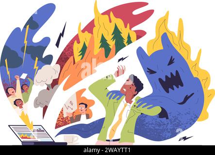 Craignant des nouvelles. Personne nerveuse Évitez les mauvaises informations négatives de l'écran d'ordinateur portable, la communication des médias sociaux stress peur de panique, surcharge infodemic concept illustration vectorielle classe des nouvelles négatives Illustration de Vecteur