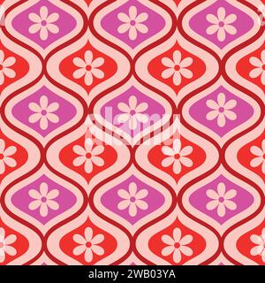Fleurs rétro rose et rouge sur mid Century ogee Seamless Pattern. Pour tissu, textile et papier peint Illustration de Vecteur