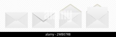 Enveloppes blanches vectorielles avec lettre vierge. Ensemble d'enveloppes isolées pliées et dépliées. Modèle de conception. Message, notification, courrier, surprise et Illustration de Vecteur