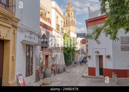 Cordoue, Espagne - 30 août 2023 : ancienne rue pavée étroite dans la ville historique de Cordoue, Espagne Banque D'Images