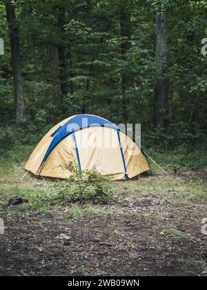 Tente jaune et bleue dans une clairière dans les bois, pas de gens, espace de copie, escapade de vacances d'été Banque D'Images