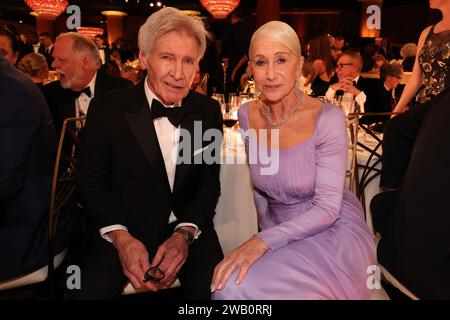 Harrison Ford et Helen Mirren lors du 81e Golden Globe Awards qui s'est tenu à l'hôtel Beverly Hilton le 7 janvier 2024 à Beverly Hills, en Californie. Banque D'Images