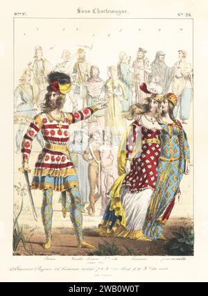 Prince avec princesse et femme noble, 9e siècle. Prince en chapeau à plumeau, tunique courte brodée et tuyau, dames en chapeaux, cape, robes brodées. Avec vieille femme, Frank, guerriers, paysan, etc Prince, Vielle, Franc, Princesse, Femme noble, guerriers, paysan, femmes nobles, habitants du Nord, du midi. Sous Charlemagne, 9è siecle. Lithographie coloriée à la main de Godard d'après une illustration de Charles Auguste Herbé à partir de ses propres costumes Francais, civils, militaires et religieux, costumes français, civil, militaire et religieux, Maison Martinet, Paris, 1837. Banque D'Images