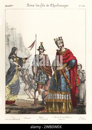 Roi Charles II le Chauve, empereur carolingien, en couronne, manteau chlamys, tuniques brodées, avec épée et poignard, 823-877. Avec dame de la cour, Normands, officier de l'armée, moine bénédictin, 9e siècle. Dame de la cour de Charles II, Normands, Officier de Charles II, Charles II dit le Chauve, Empereur. Sous les fils de Charlemagne, 9e/10e siecle. Lithographie coloriée à la main de Godard d'après une illustration de Charles Auguste Herbé à partir de ses propres costumes Francais, civils, militaires et religieux, costumes français, civil, militaire et religieux, Maison Martinet, Paris, 1837. Banque D'Images