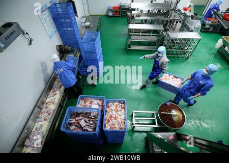 ZIXING, CHINE - 4 JANVIER 2024 - des travailleurs produisent des produits de la pêche dans un atelier d'une entreprise d'aliments naturels dans la ville de Zixing, province du Hunan, Chine, en janvier Banque D'Images