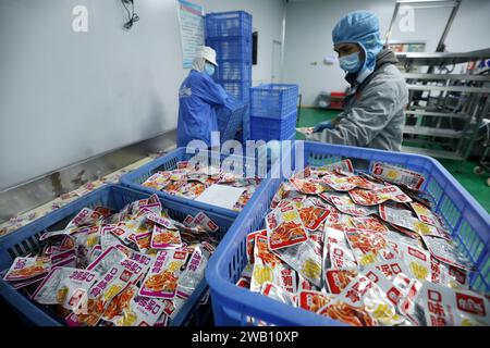 ZIXING, CHINE - 4 JANVIER 2024 - des travailleurs produisent des produits de la pêche dans un atelier d'une entreprise d'aliments naturels dans la ville de Zixing, province du Hunan, Chine, en janvier Banque D'Images
