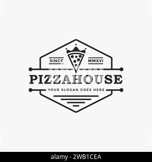 Vintage rétro emblème de sceau roi couronne et modèle de vecteur d'icône de logo de pizza sur fond blanc Illustration de Vecteur