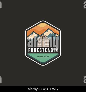 Logo d'emblème extérieur moderne vintage avec vue sur la montagne et cabane dans la forêt sur fond sombre Illustration de Vecteur
