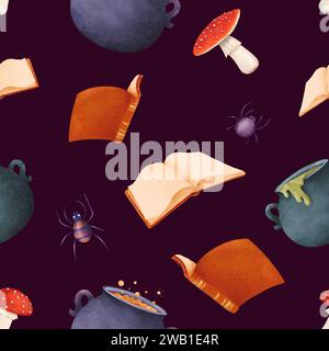 Arrière-plan sombre. Modèle Halloween sans couture. un authentique ensemble de sorcières : chaudrons avec potions, livres de sorts magiques, champignons agariques à mouches et araignées Banque D'Images