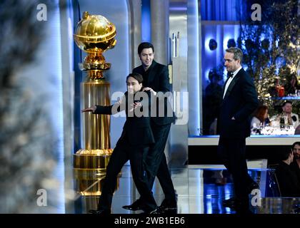 Beverly Hills, États-Unis. 07 janvier 2024. Kieran Culkin, Nicholas Braun et Matthew MacFadyen lors du 81e Golden Globe Awards qui s'est tenu à l'hôtel Beverly Hilton le 7 janvier 2024 à Beverly Hills, en Californie. Crédit : PMC/Alamy Live News Banque D'Images