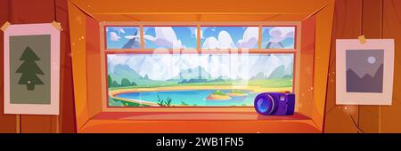 Vue sur le lac de montagne depuis la fenêtre du chalet. Illustration de dessin animé vectoriel de la caméra sur le rebord de la fenêtre, photos de paysage sur le mur, belle nature d'été à l'extérieur du bâtiment, eau de rivière, nuages au-dessus des pics rocheux Illustration de Vecteur