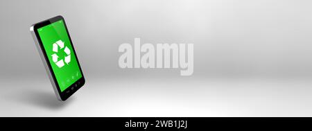 Smartphone avec un symbole de recyclage à l'écran. concept de conservation de l'environnement. 3D illustration isolée sur fond blanc. Bannière horizontale Banque D'Images