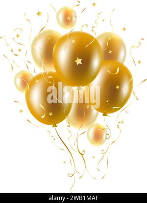Bouquet de ballons volants dorés. Salutations hélium brillant groupe de ballon d'or 3d avec des confettis d'étoiles jaunes et des rubans de serpentine isolé vecteur illustra Illustration de Vecteur